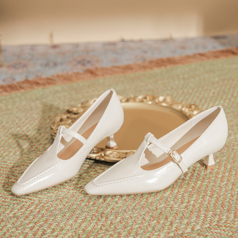 Women's Pointed Toe Mary Jane Thin Short Solid Heels