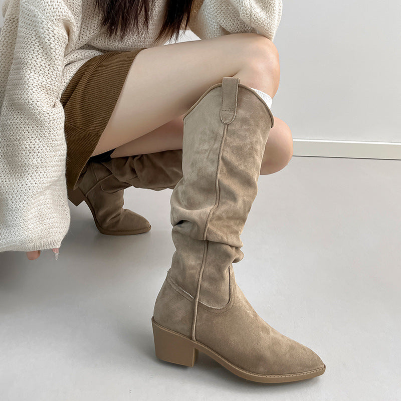 Women's Knight V Buckle Skinny Pile Style Chunky Women's Leather Boots