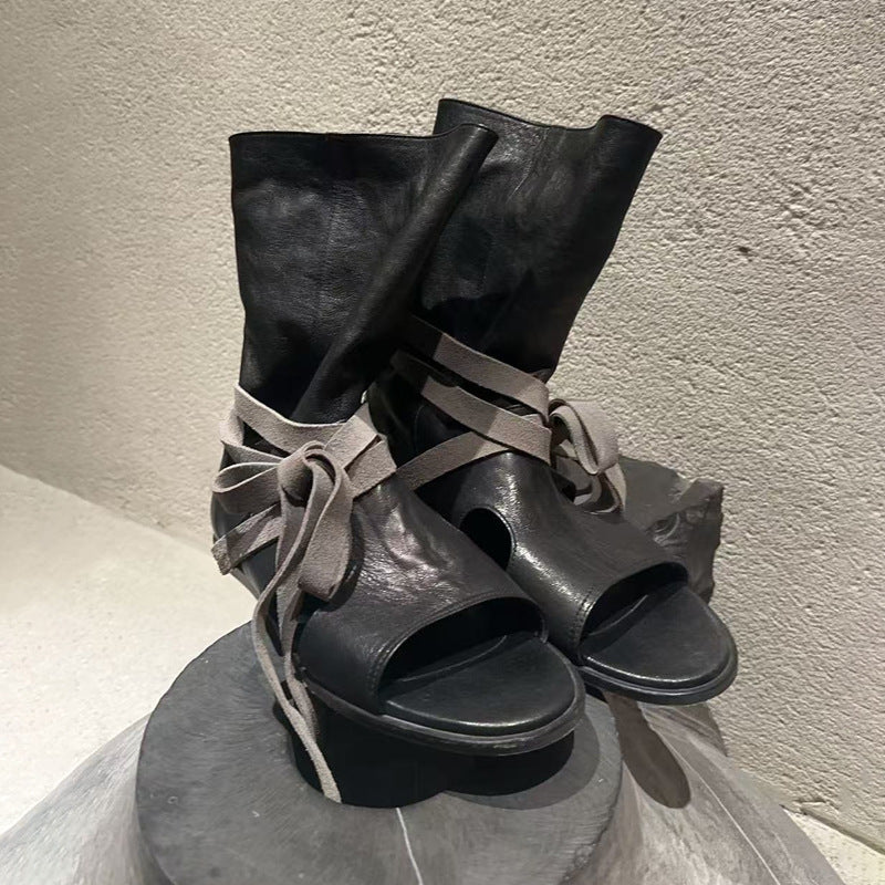 Women's Summer Korean Style Niche Strap Open Toe Women's Leather Boots