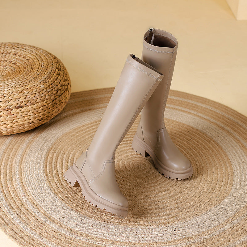 Platform Large Small Size Fleece-lined Below The Knee Fat Widened Women's Leather Boots