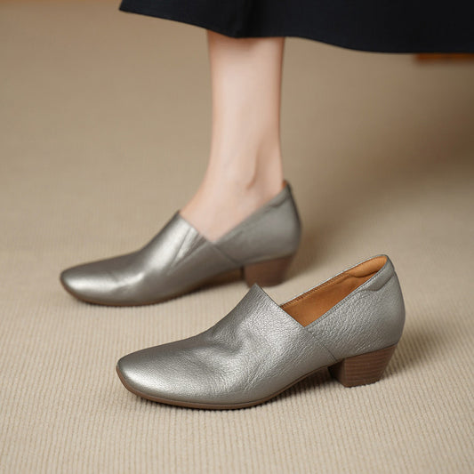 Super Soft Sheepskin Square Toe Thick Deep Mouth Versatile Single-layer Women's Fashion Shoes