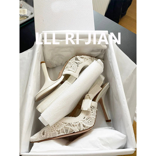 Women's Lace Embroidered Toe Box Mid Kitten High Heeled Sandals