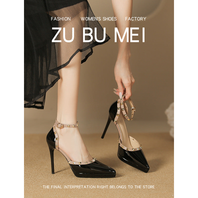 One-word Hollow High Pointed Toe Stiletto Rivet Waterproof Platform Not Heels