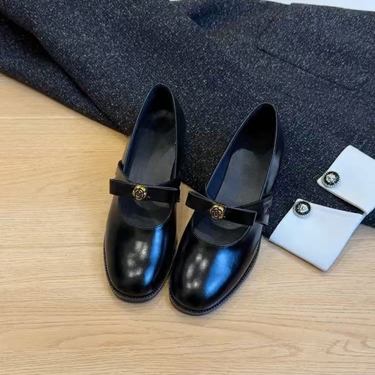 Women's Retro Commuter Bow Camellia Shallow Mouth Pumps Chunky Genuine Mary Women's Fashion Shoes