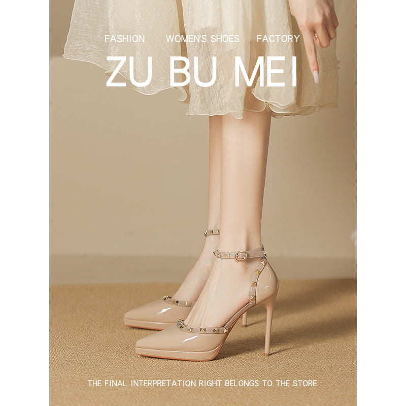 One-word Hollow High Pointed Toe Stiletto Rivet Waterproof Platform Not Heels