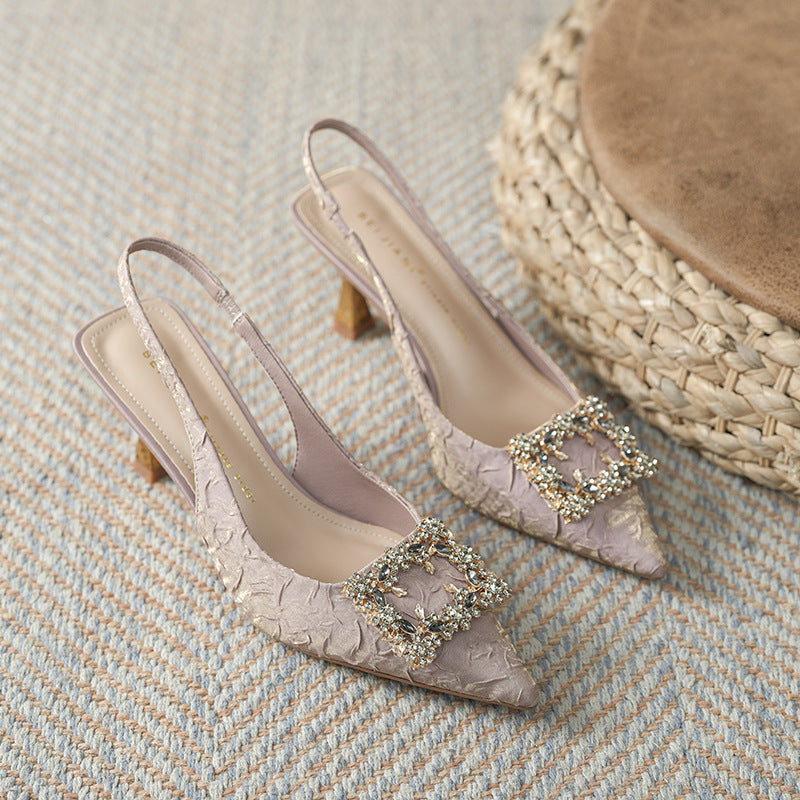 Women's Style Satin Pleated Square Buckle Pointed Toe Stiletto Sandals