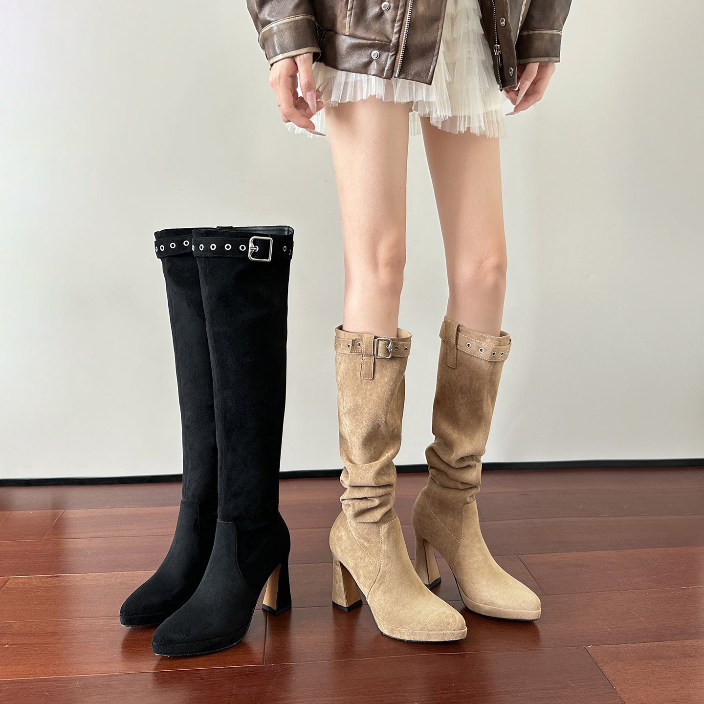 Women's Buckle Pointed Toe Pile Style Female Temperament Chunky Waterproof Platform Women's Leather Boots