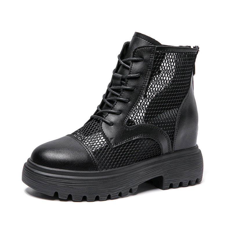 Women's Mesh Hollow Summer Thin Breathable Platform Martin Genuine Inner Height Women's Leather Boots