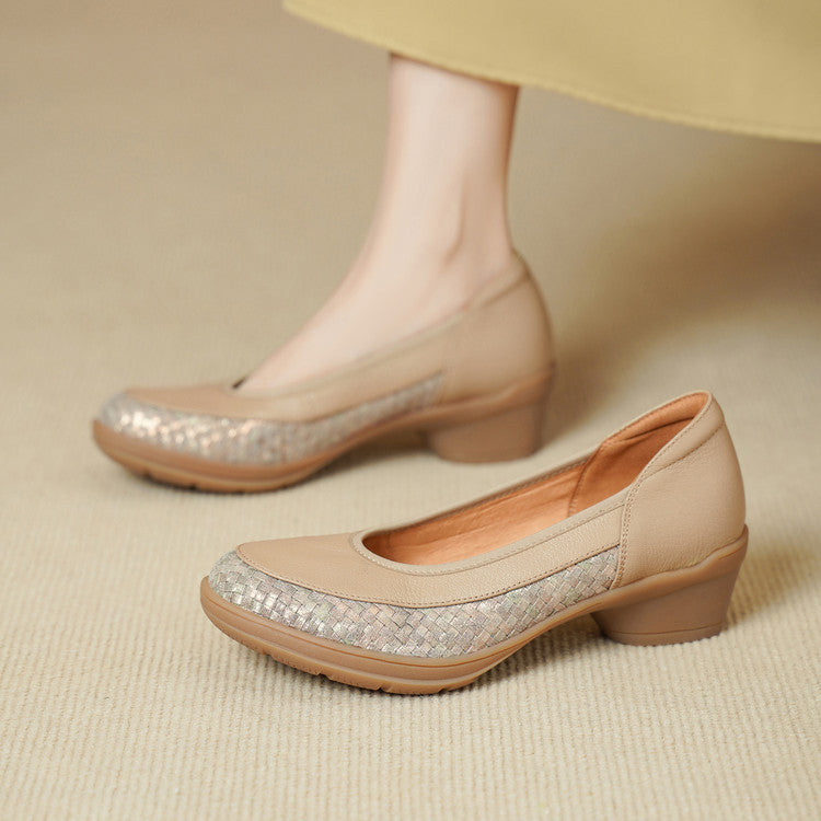 Women's Sense Niche Woven Round Toe Pumps Chunky Soft Bottom Women's Fashion Shoes
