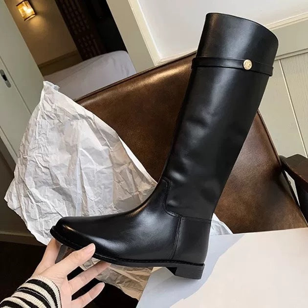Women's Korean Style Handmade Thigh High Square Chunky Heels
