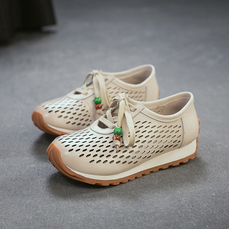 Women's Laser Punching Breathable Pumps First Layer Cowhide Artistic Women's Casual Shoes