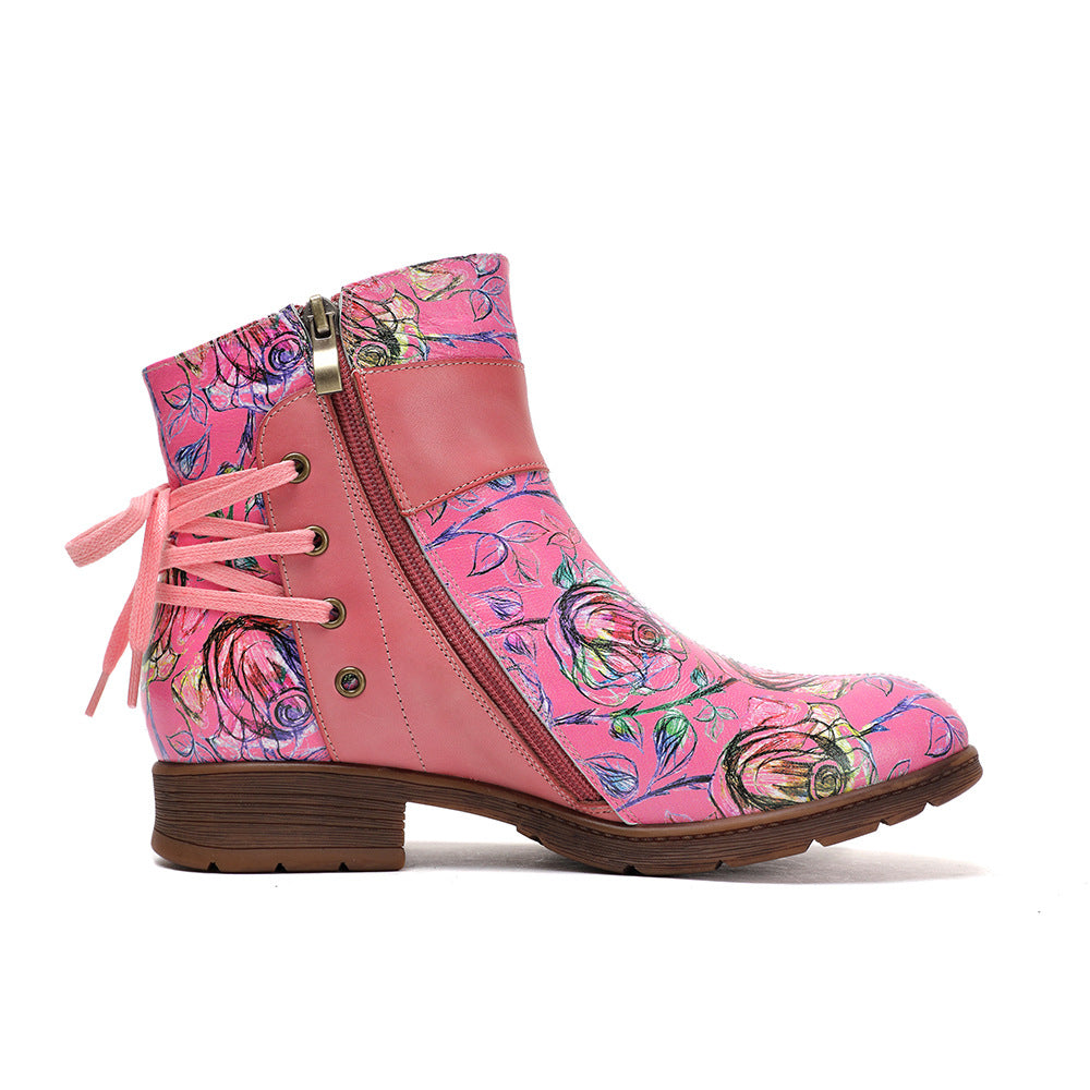 Blue Meng Die Sheepskin Cowhide Rose Hand-rub Color Women's Leather Boots