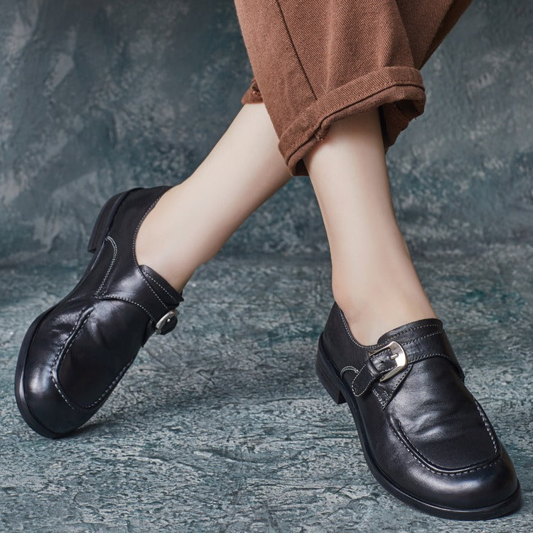 Style Washed Cowhide Round Toe Handmade Adjustable Buckle Fashion Deep Women's Casual Shoes
