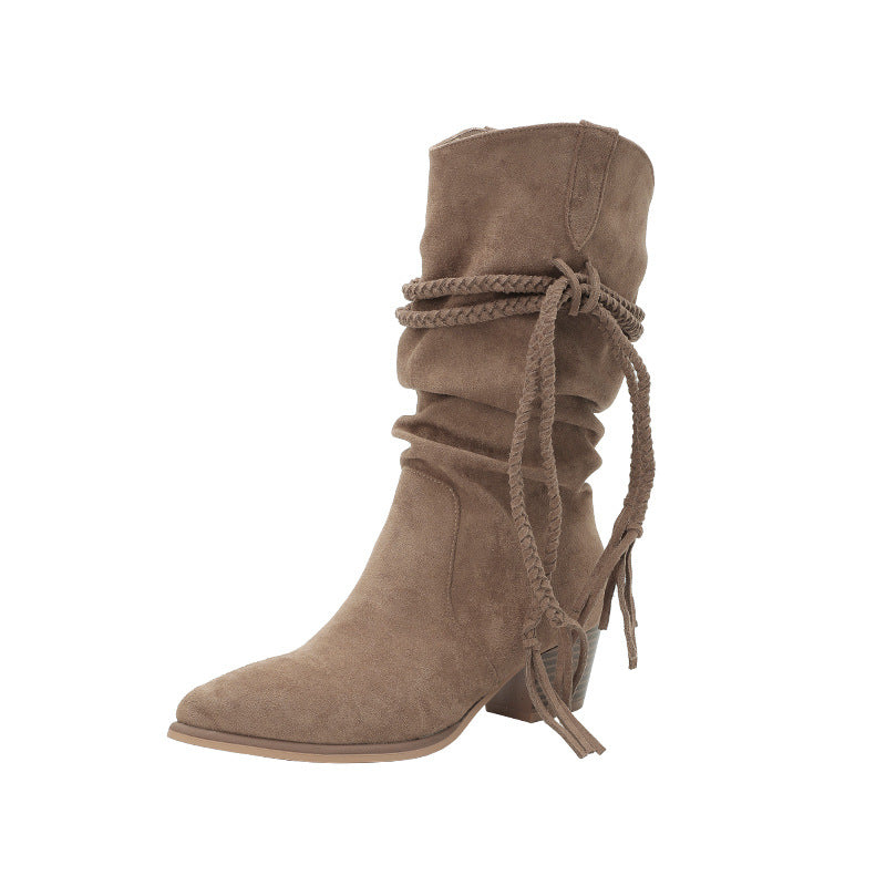 Women's High-grade Tassel Middle Pointed Toe Chunky Pile Boots