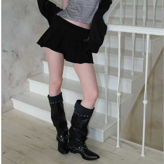 Rivet Pants Tube Hot Waste Soil Wind Black Thick Metal Women's Leather Boots