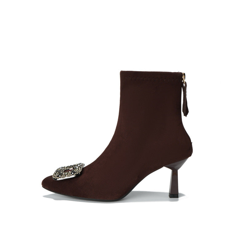 Women's Square Buckle Stiletto Suede Rhinestones High Ankle Stretch Women's Leather Boots