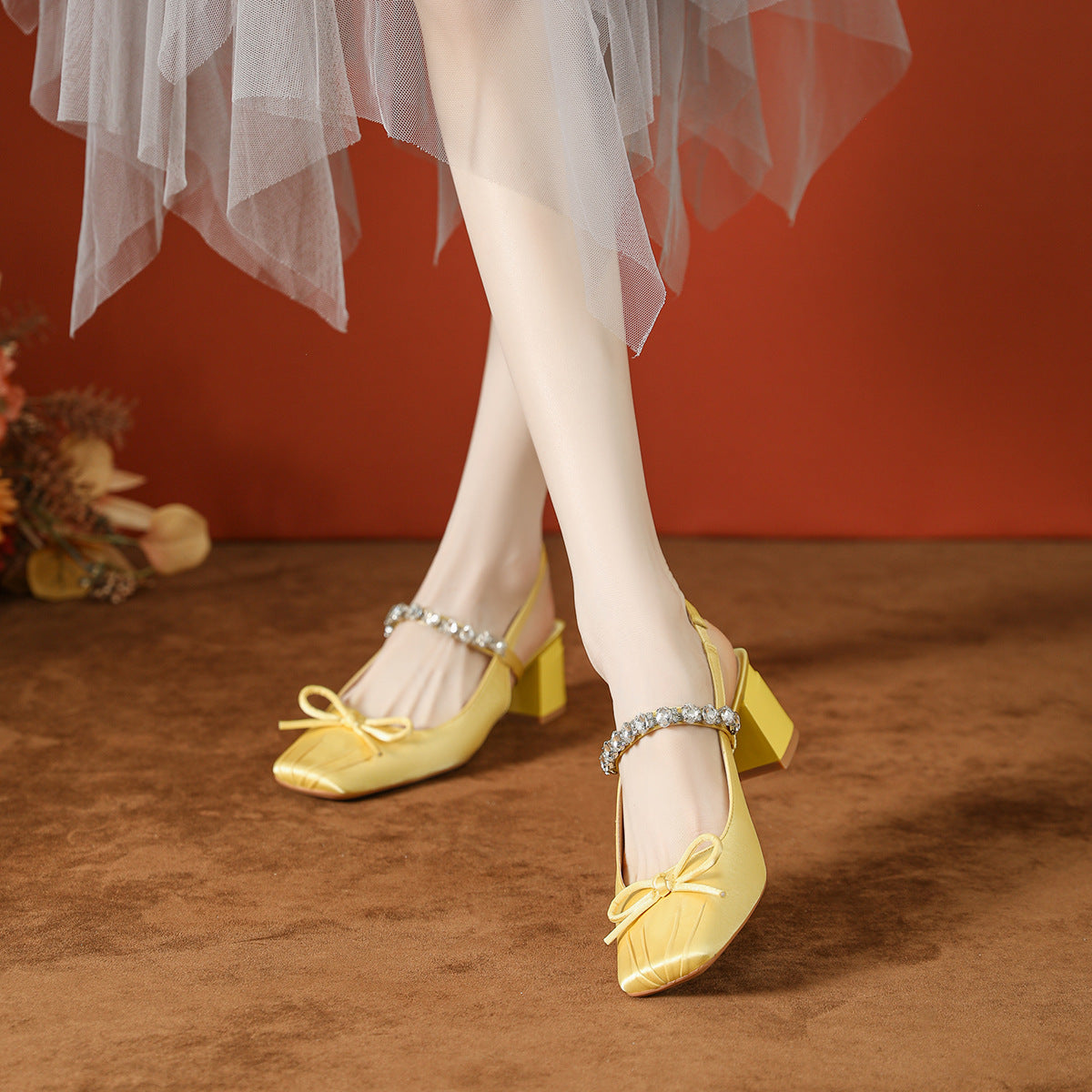 Women's Bow Rhinestones Strap Ballet Style Mary Jane Classic Heels