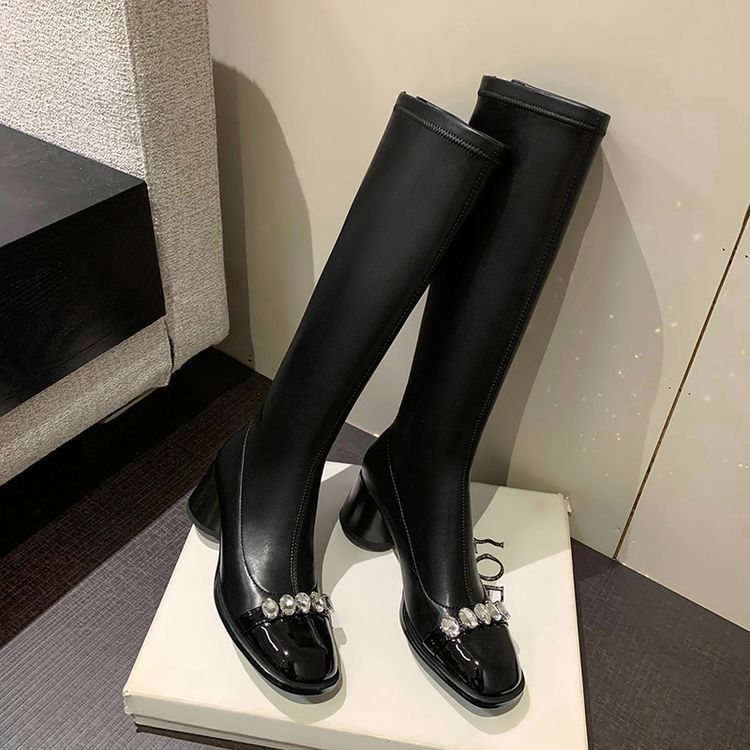 Rhinestone Round Head Chunky Knight Female Temperament High Leisure Stretch Women's Leather Boots