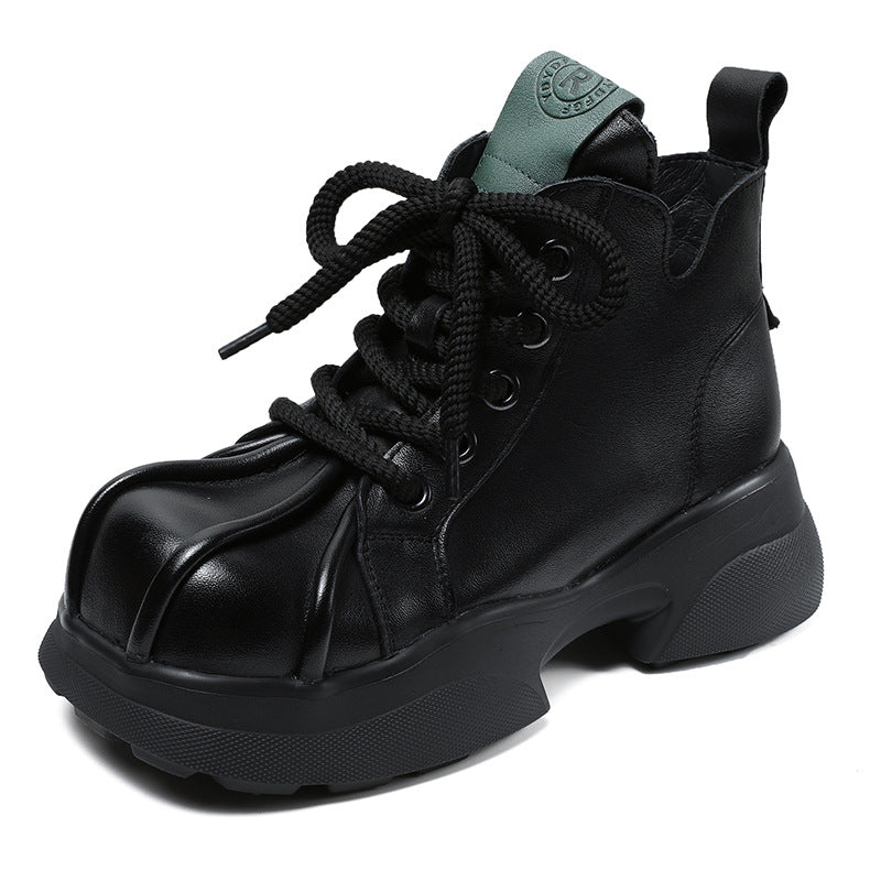 Women's Muffin Bottom High Top Ankle Fashionable First Layer Cowhide Square Men's Shoes