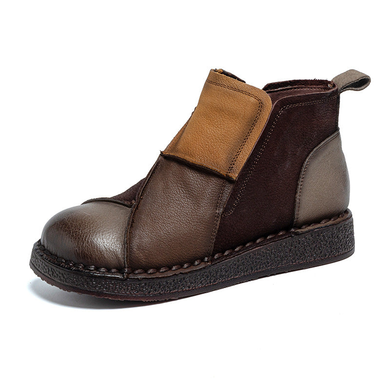 Women's Layer Cowhide Veet Warm Retro Contrast Color Short Tube Flat Boots