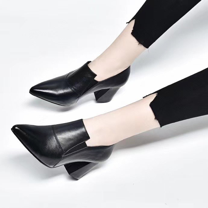 Women's High Deep Mouth Pumps Chunky Simple Leather Shoes