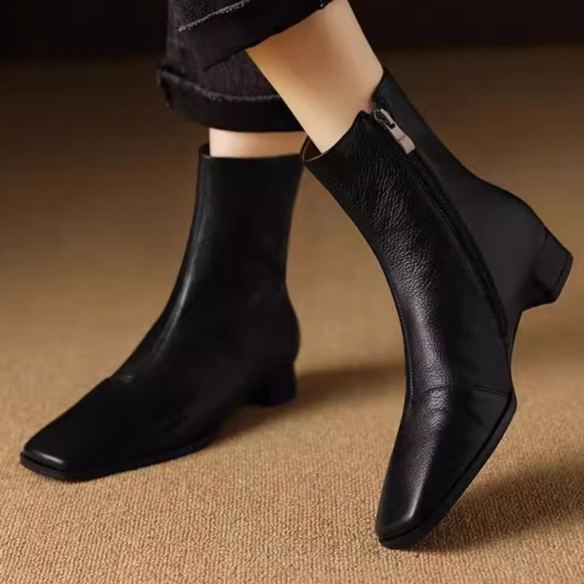 Women's Black Retro Ankle French Square Toe Chunky Women's Leather Boots