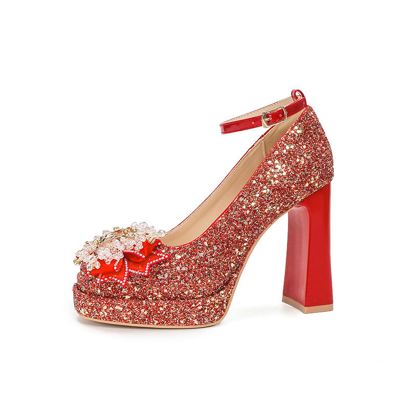 The Debris Thin Glittering Waterproof Platform Mary Jane Square Toe Women's Fashion Shoes