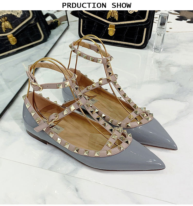 Women's V's Classic Rivet Flat Pointed Toe Shallow Mouth Strap Ballet Women's Fashion Shoes