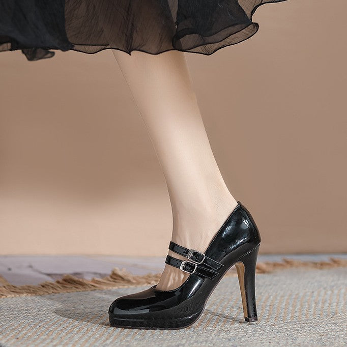 French Style Round Toe High Chunky Black With Double Buckle Women's Fashion Shoes