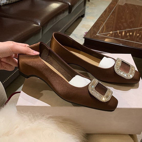 Women's Cowhide Version Rhinestone Square Buckle Toe Satin Shallow Mouth With Heels
