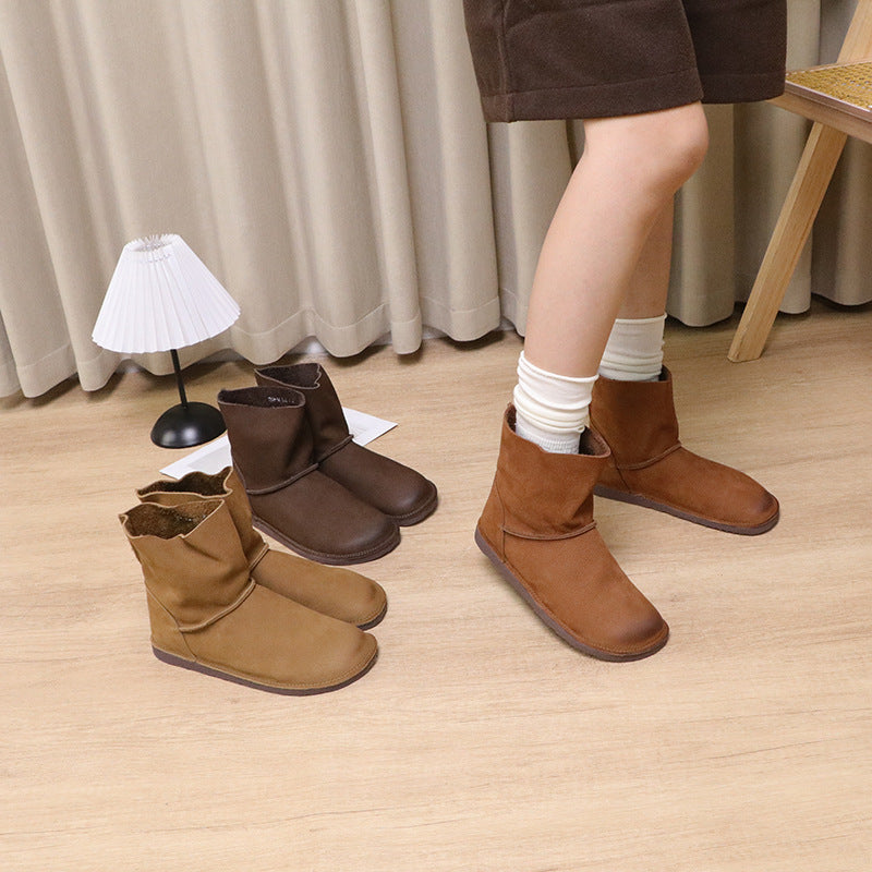 Autumn Solid Color Round Toe Top Layer Cowhide Slip-on Flat Boots