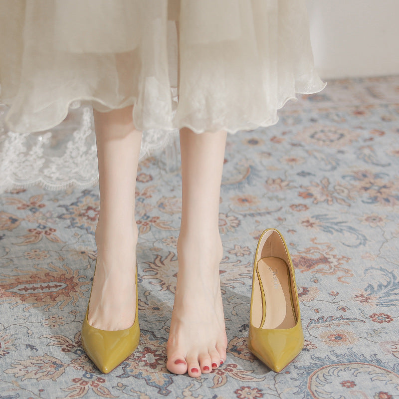 Women's French Elegance Olive Yellow Pointed High Spring Patent Commuter Stiletto Women's Fashion Shoes
