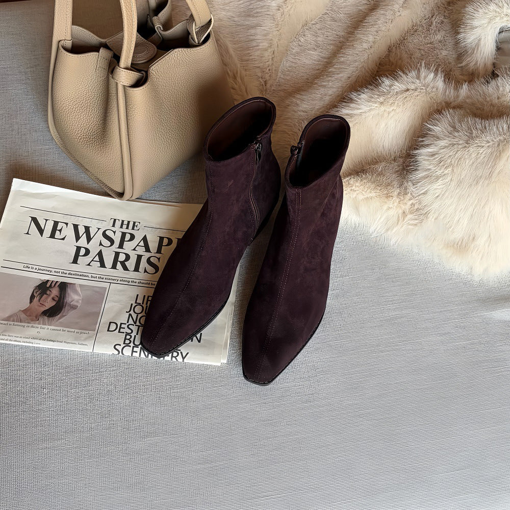 Women's Increasing Retro Cow Suede Square Toe Chunky Short Authentic Comfortable Heels
