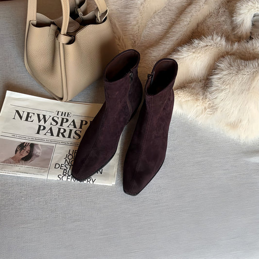 Women's Increasing Retro Cow Suede Square Toe Chunky Short Authentic Comfortable Heels