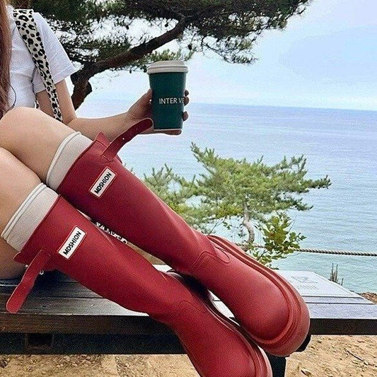 Women's Red Nata Knee-high Outdoor Waterproof Long Women's Leather Boots