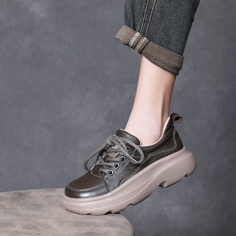 Women's First Layer Cowhide Platform Pumps Spring Soft Bottom Wild Round Women's Casual Shoes
