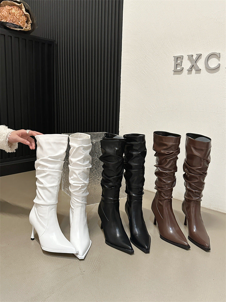 The Knee Long Female Pointed High Small-sized Stiletto Pile Style Boots