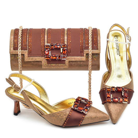 Diamond Pointed Toe Thick With Dinner Bag Set Italian Women's Fashion Shoes
