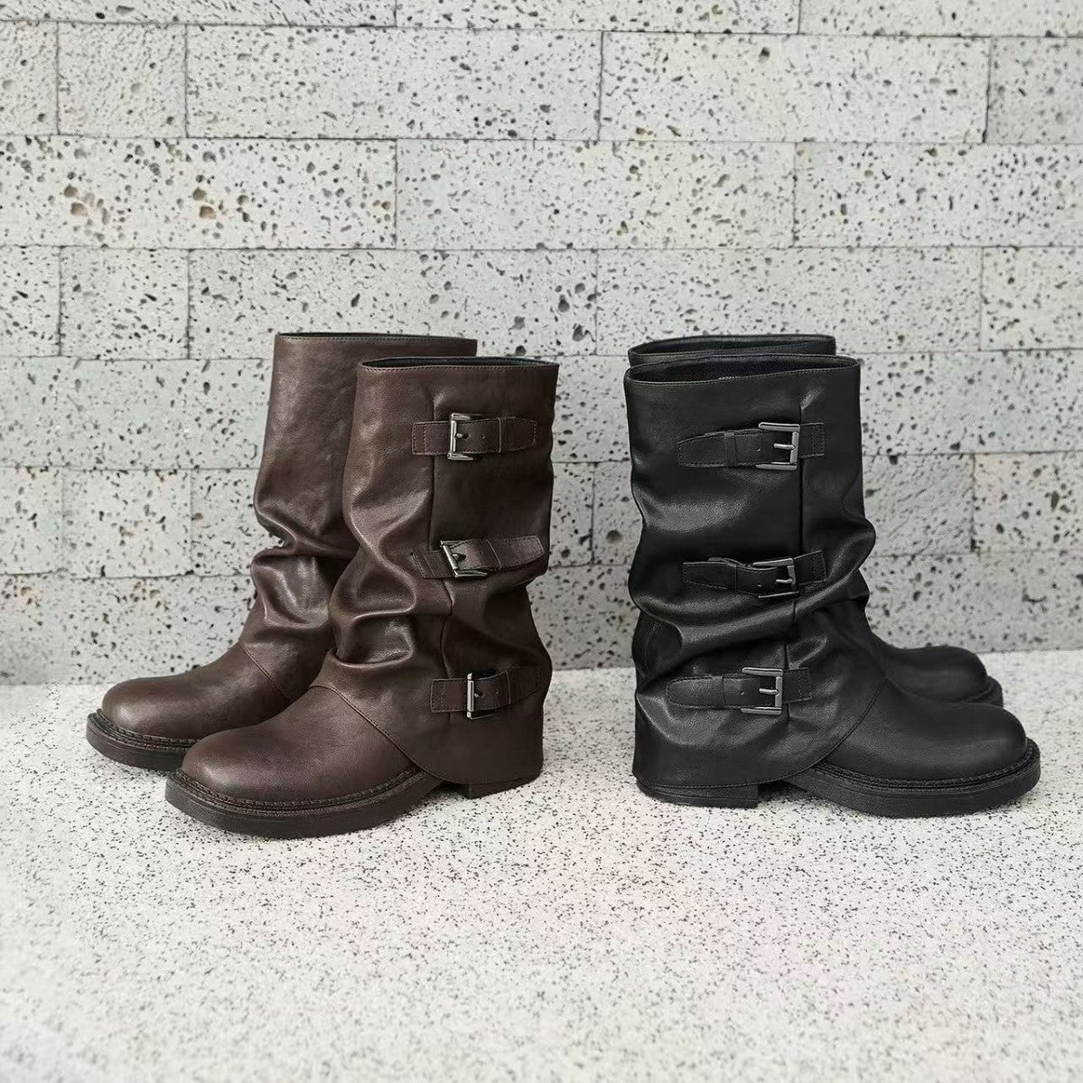 Women's Buckle High Tube Short Western Long Women's Leather Boots