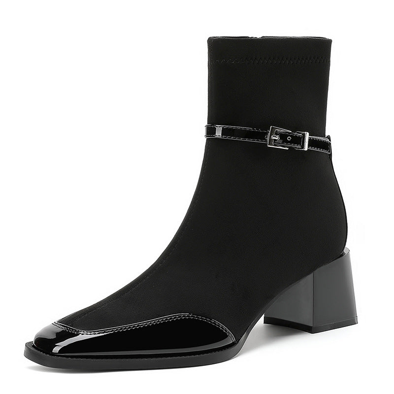 Women's Red Cashmere Stitching Square Toe Booties Chunky High Skinny Joker Heels