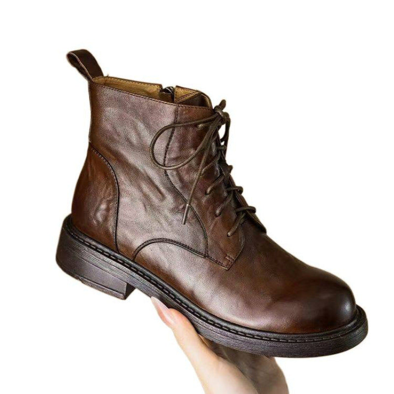 Women's Lace Up Martin For Mid British Style Round Toe Women's Leather Boots