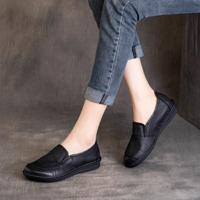 Ethnic Style Vintage Cowhide Round Toe Slip-on Flat Soft Bottom Heels