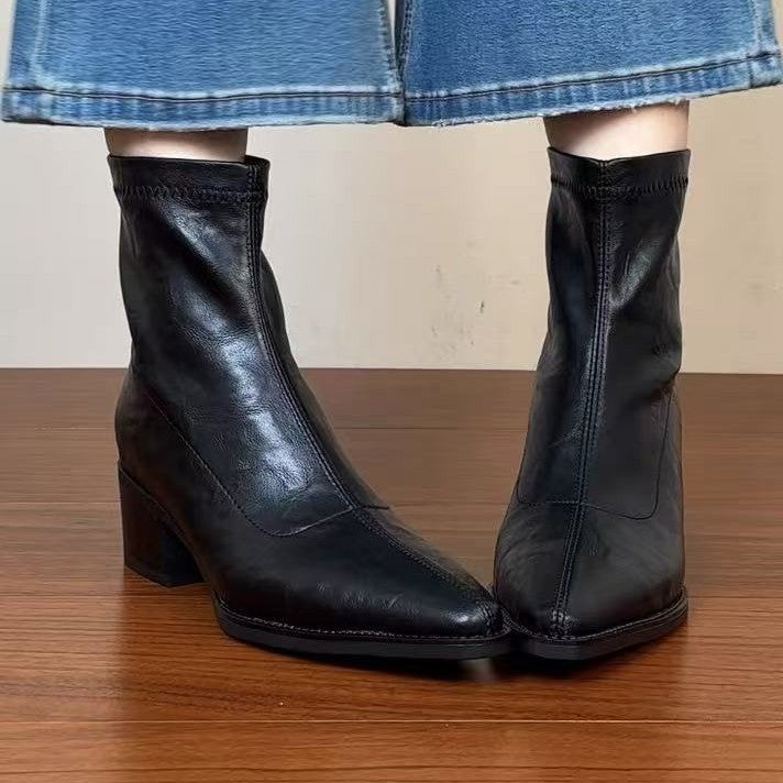 Women's Pointed Toe Chunky Booties Soft Stretch Thin French Commuter High Women's Leather Boots