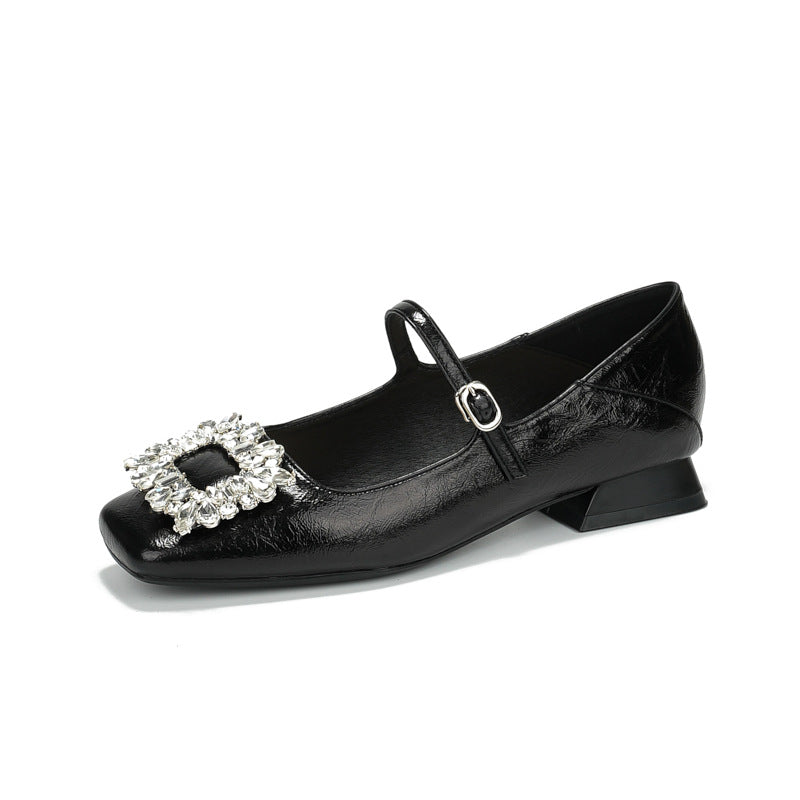 Square Toe Rhinestones Strap Buckle Low Low-cut Princess Women's Fashion Shoes
