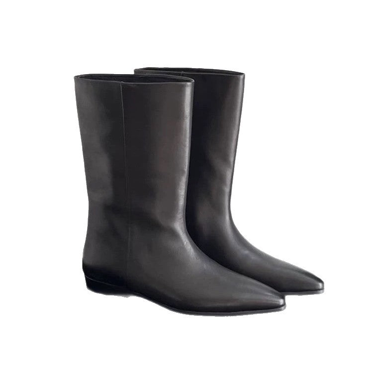 Women's Sheepskin Version Minimalist Pointed Flat Western Cowboy For Women's Leather Boots
