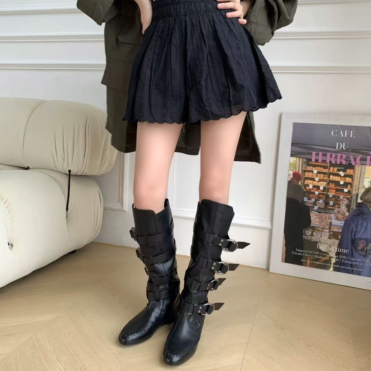 Style Paris Stylish Niche Retro Handmade Sewing Strap Women's Leather Boots