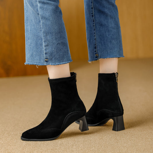 Women's Stretch Thin Suede British Style Square Head Chunky Not Tired Heels