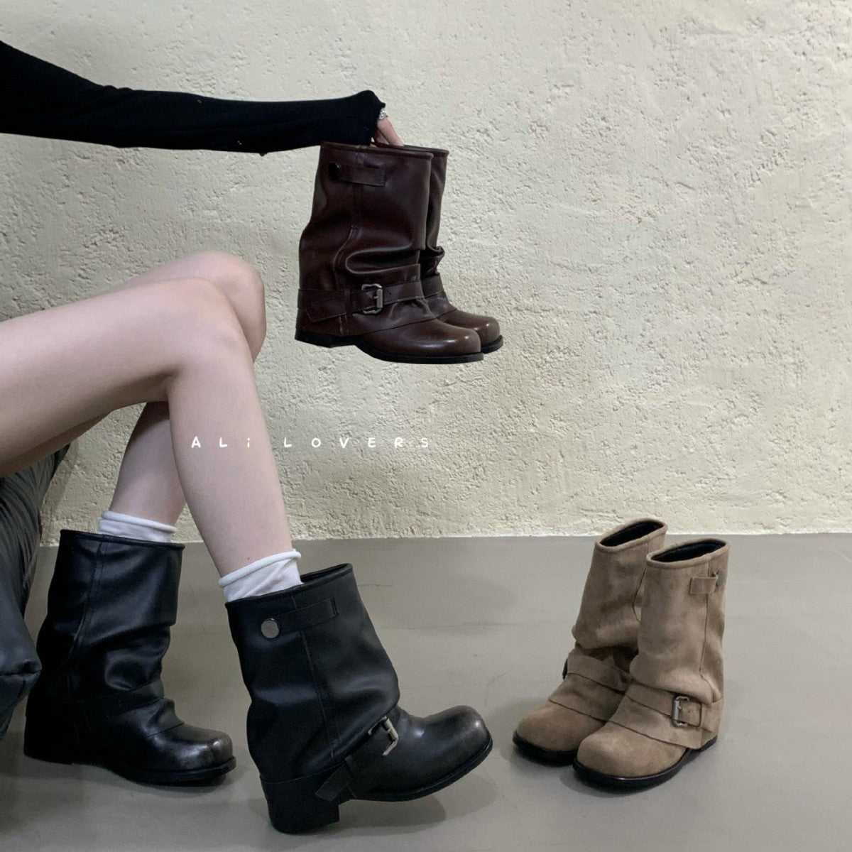 Tax-free Short Pleated Pile Style Wide Women's Leather Boots