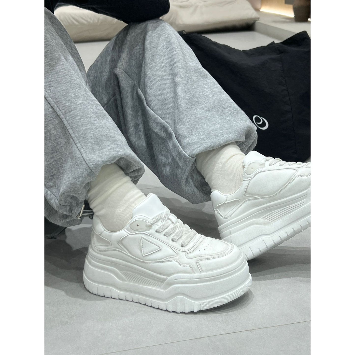 Women's Spring Genuine Polished Platform White Fashion Sneakers