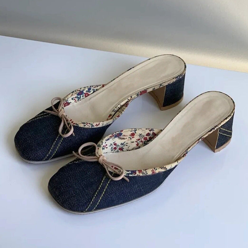 Women's Niche Denim Square Toe Bow Thick Semi Women's Fashion Shoes